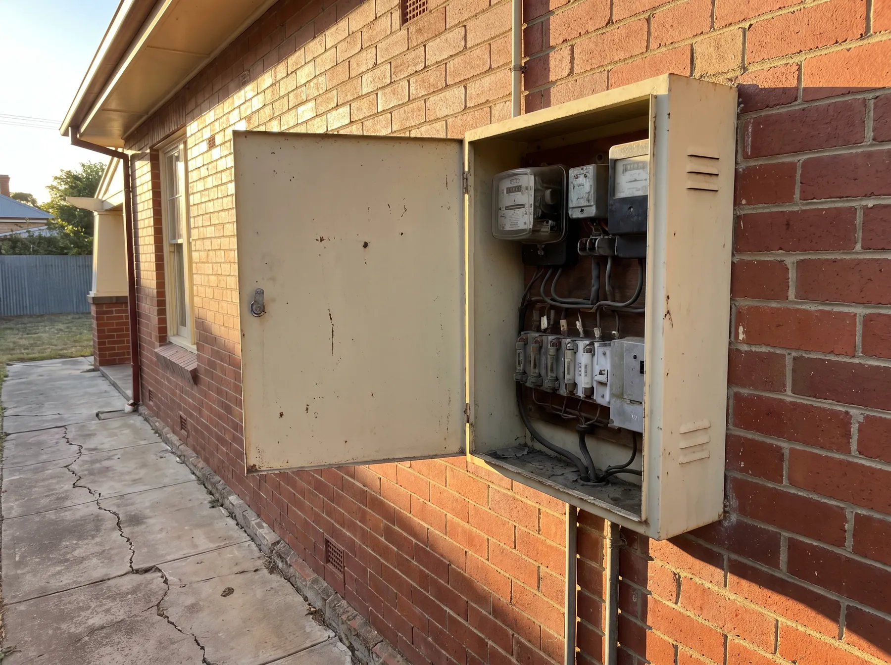Open meter box with modern circuit breakers