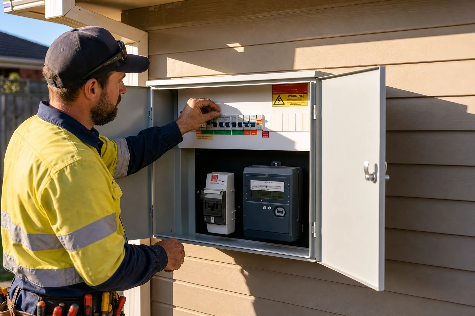 Electrician inspecting an outdoor residential switchboard